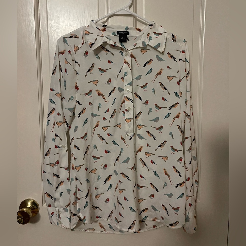 Ann Taylor White Shirt with Multicolor Bird Print